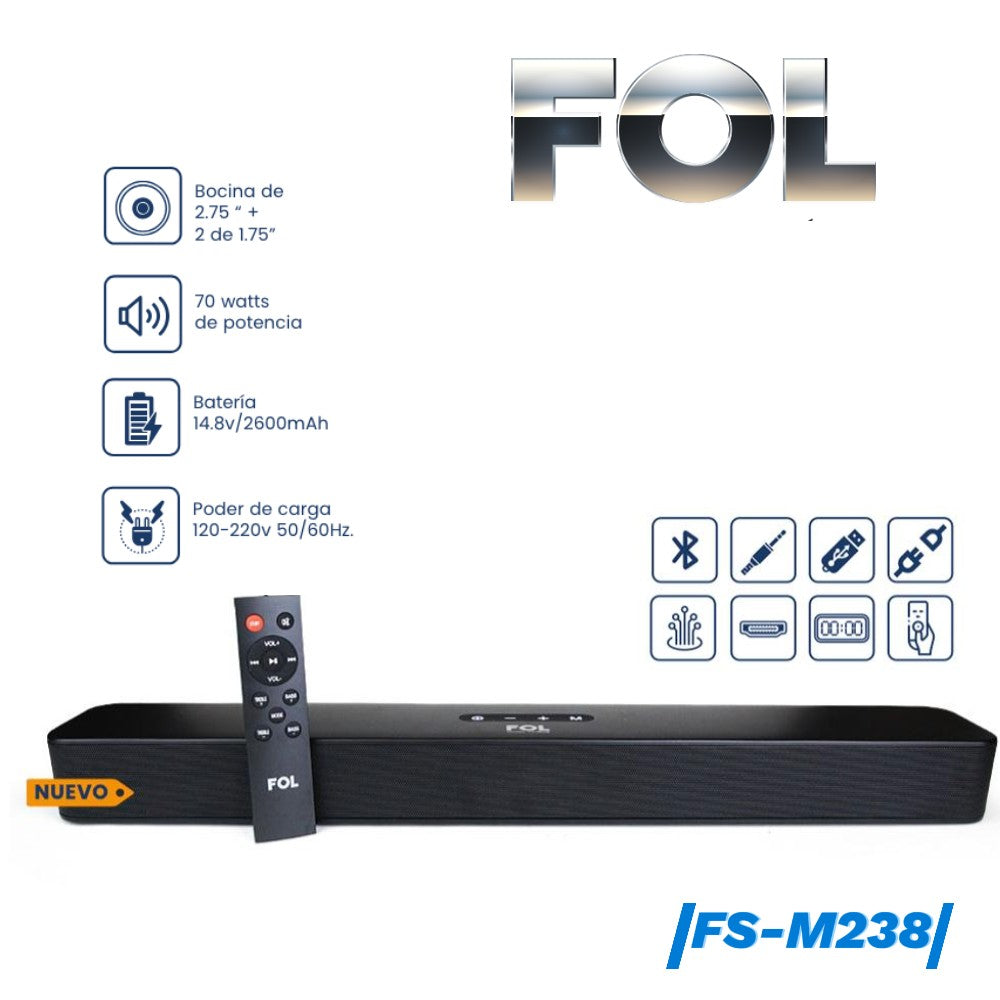 Barra de Sonido Bluetooth 70 watts 14.8V 2600mAh Puerto Óptico HDMI FOL FS-M238 - Imagen 3