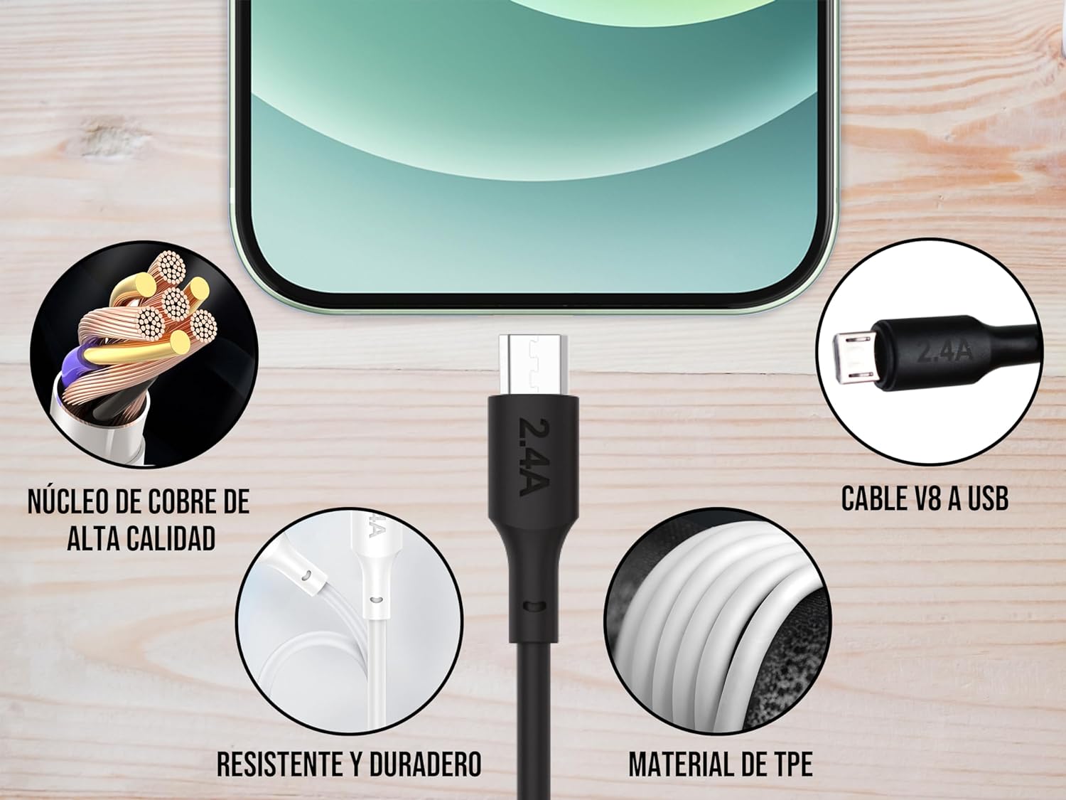 Cable Tipo V8 Micro USB, Moreka CB-35, 2.4 1 M. - Imagen 5