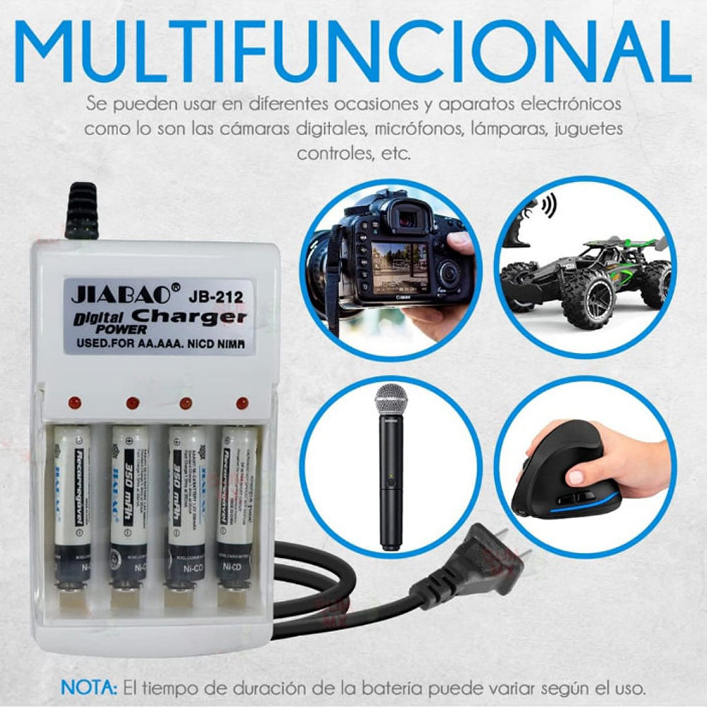 Cargador De Pilas Baterías Recargables Aa / Aaa +4 Pilas AA JB212 - Imagen 3