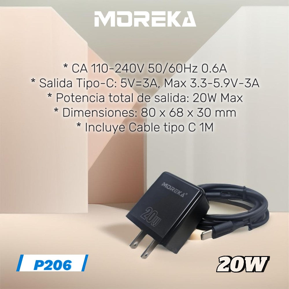 Cargador 20W Moreka P206 puerto C incluye cable tipo C 1M - Imagen 2