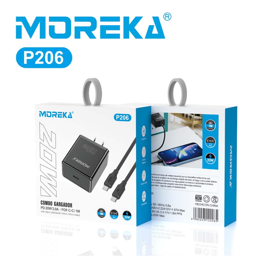 Cargador 20W Moreka P206 puerto C incluye cable tipo C 1M - Imagen 3