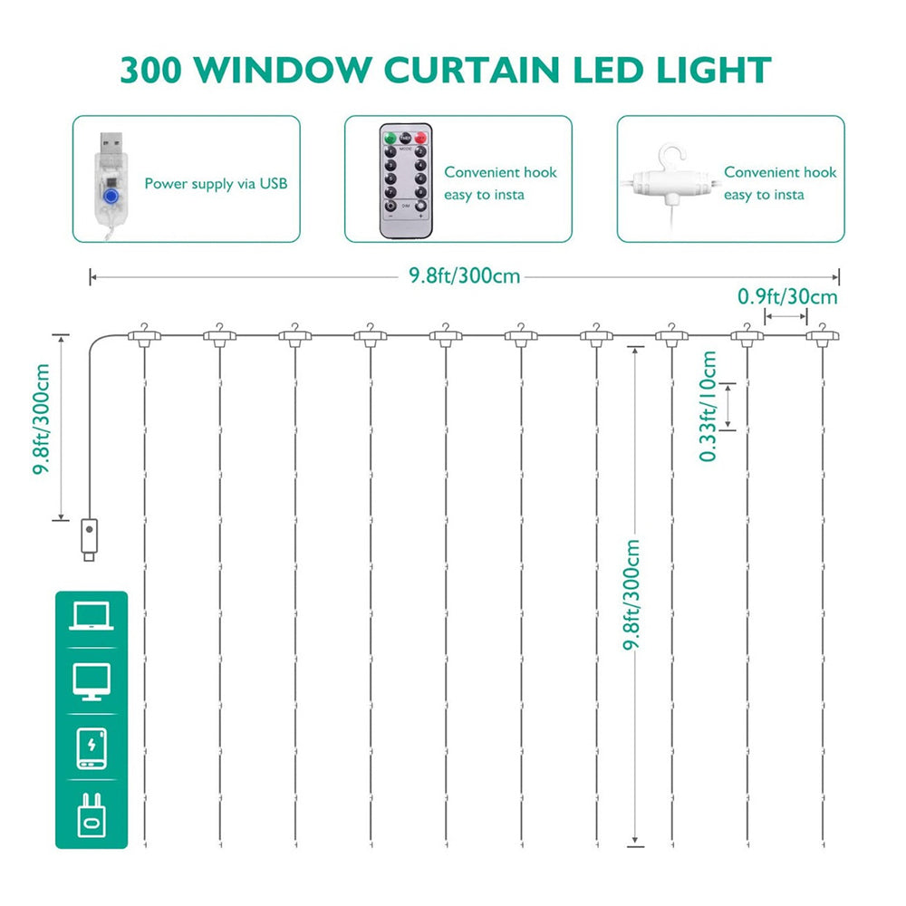 Cortina Serie Luces 300 Led Decorativas Usb 3x3m USB - Imagen 5