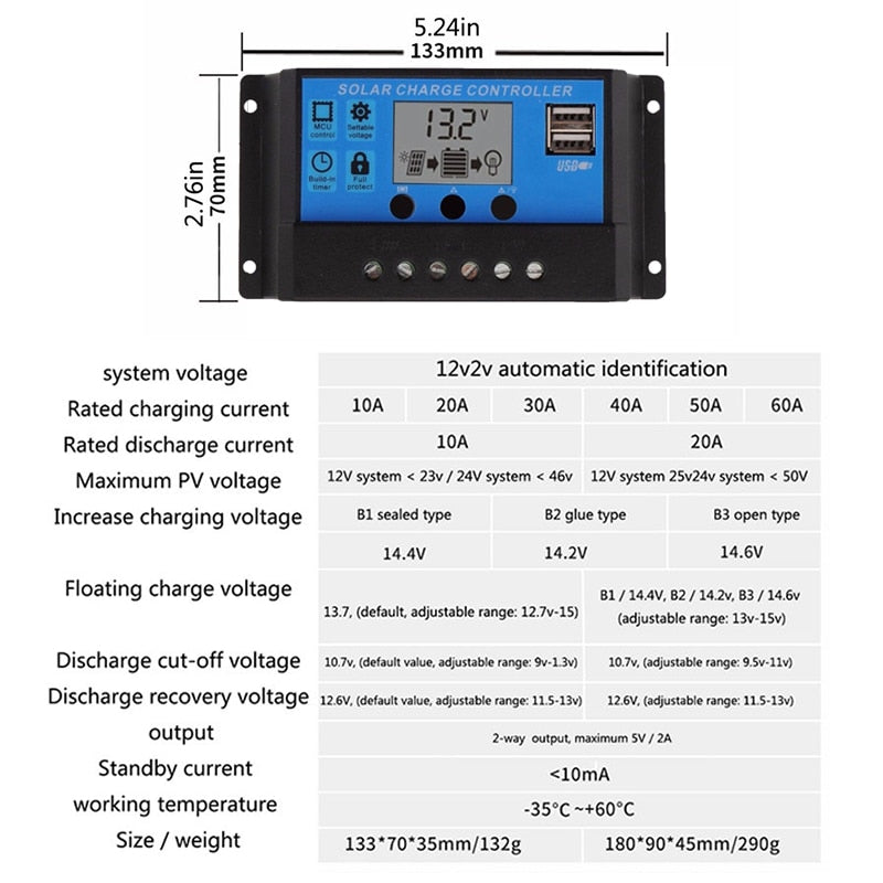 Controlador de panel Solar LCD, regulador de cargador de batería, 10A - Imagen 4