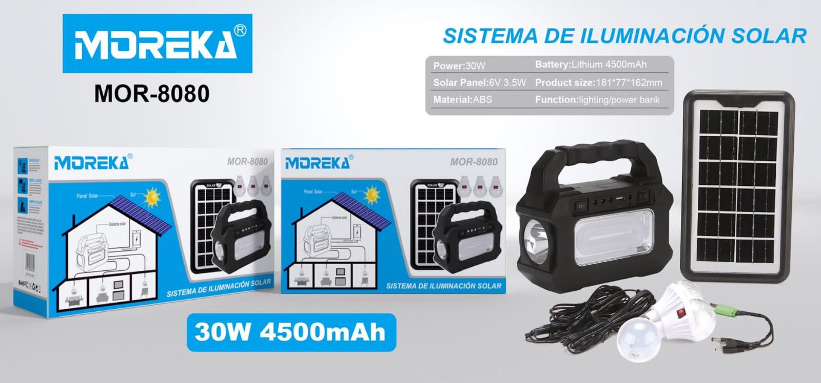 Mini Sistema Solar 3 Focos Linterna Power Bank MOR-8080 - Imagen 3