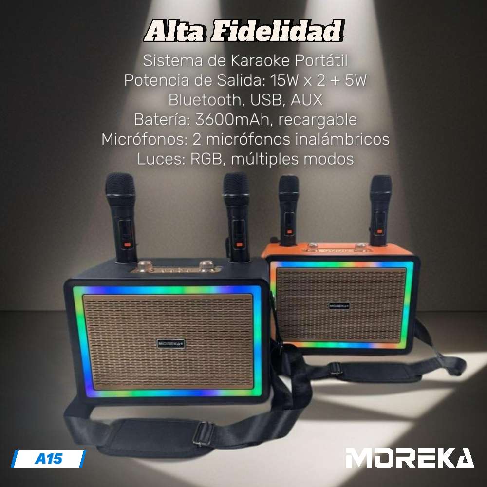 Karaoke Bluetooth FM dual microfonos 30W 3600 mAh RGB Moreka+ A15 - Imagen 3