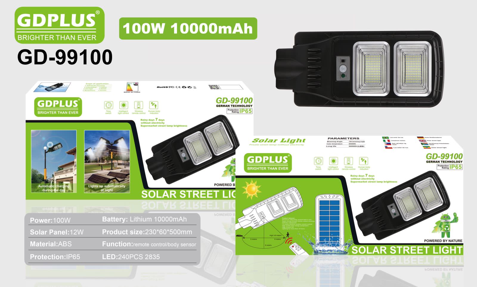 Luminaria Suburbana Alumbrado Publico Solar 100W con Sensor Movimiento GD-99100 - Imagen 3
