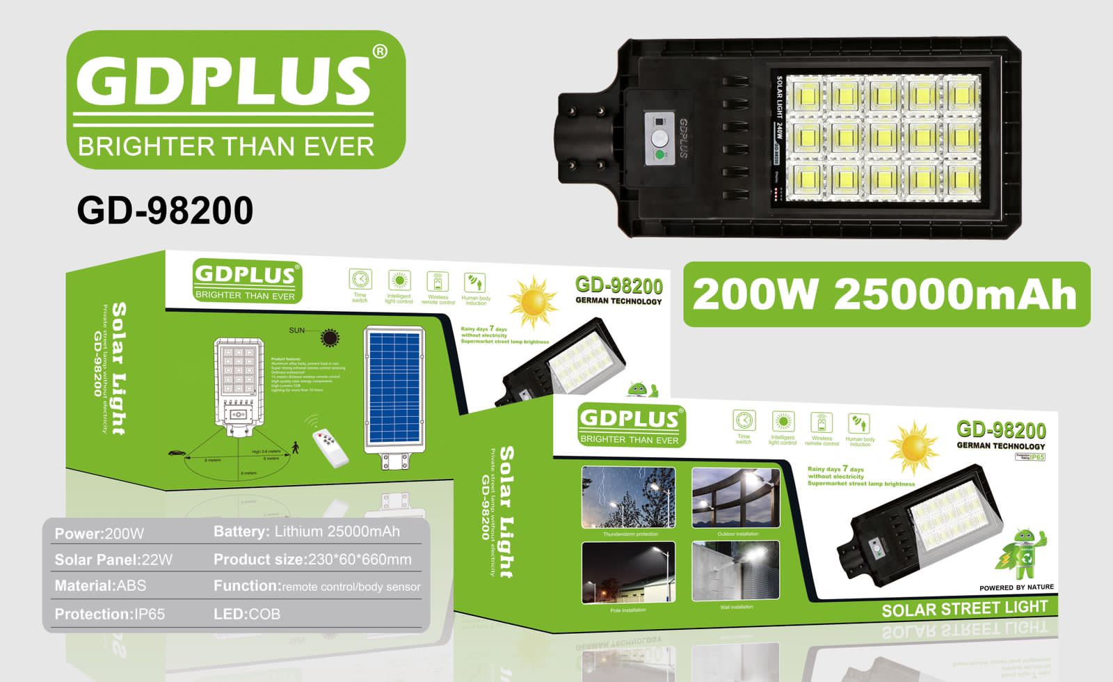 Luminaria Suburbana Alumbrado Publico Solar 200W con Sensor Movimiento GD-99200 - Imagen 4