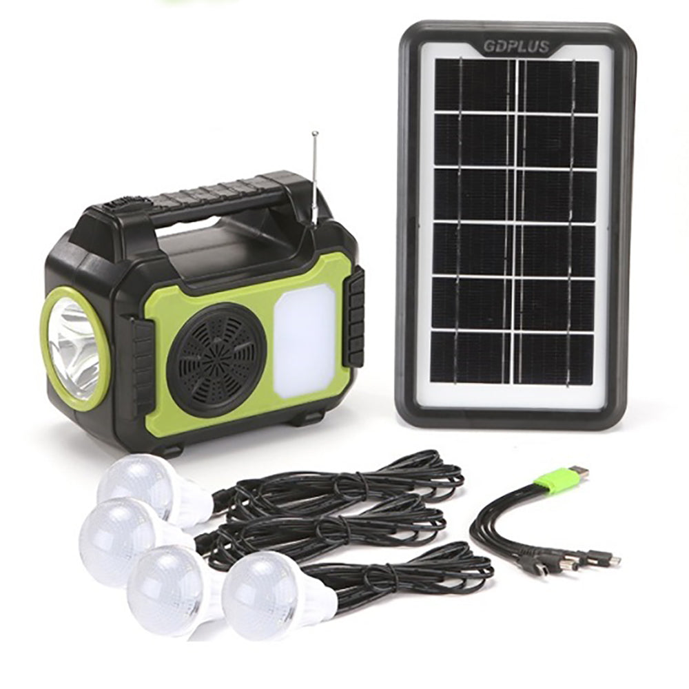Mini Sistema Solar Radio FM 4 Focos Linterna Power Bank MOR-8072 - Imagen 1
