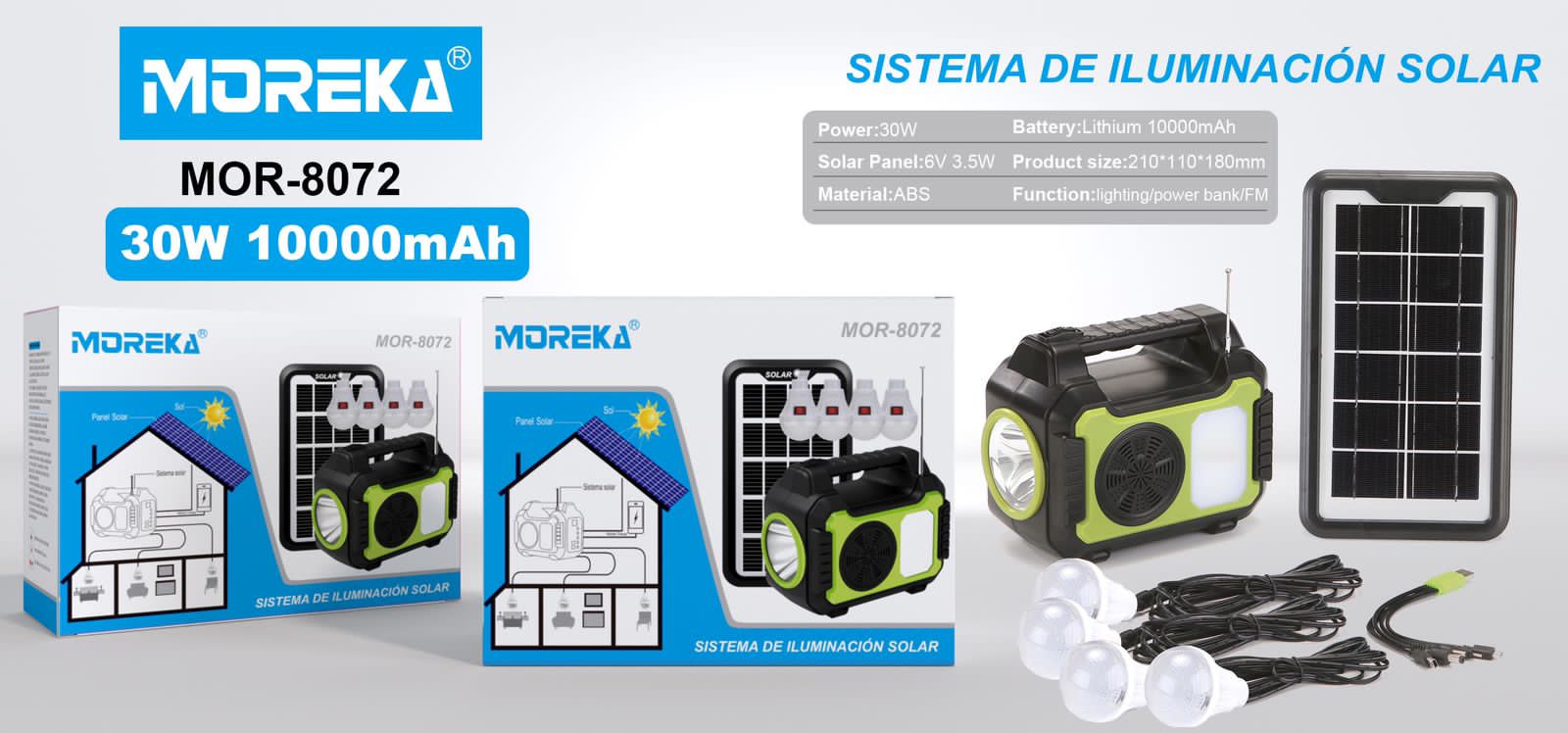 Mini Sistema Solar Radio FM 4 Focos Linterna Power Bank MOR-8072 - Imagen 8