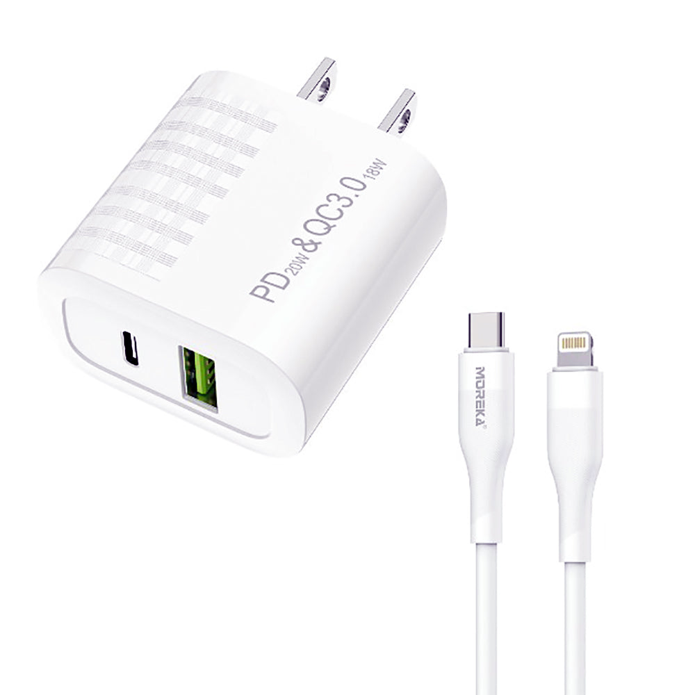 Turbo Cargador Moreka AC107 40W 2 salidas USB y C Cable tipo IP 1M