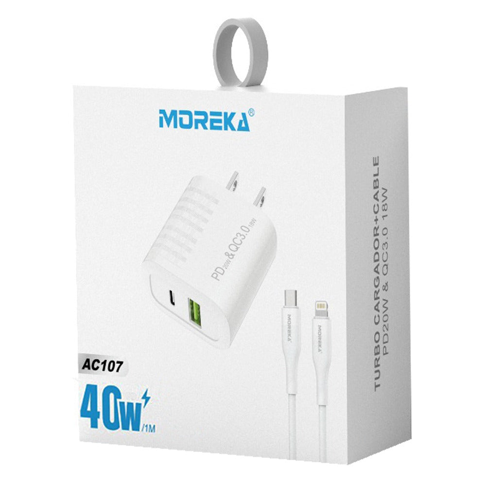 Turbo Cargador Moreka AC107 40W 2 salidas USB y C Cable tipo IP 1M - Imagen 2