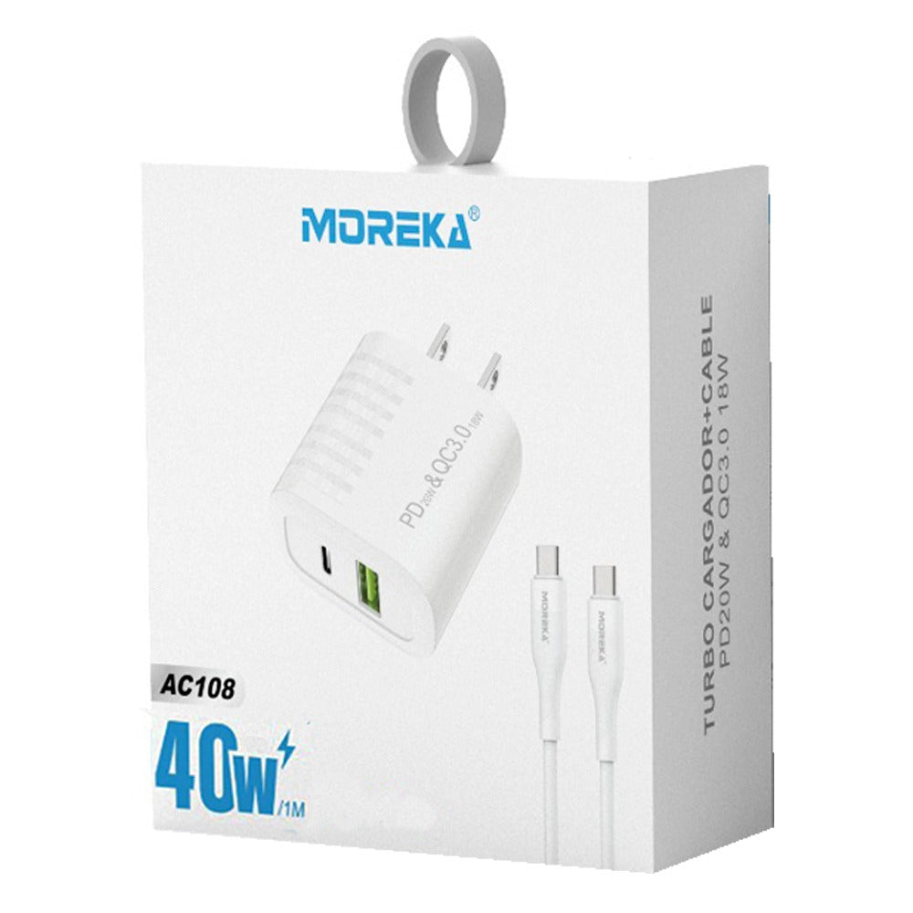 Turbo Cargador 40W Moreka AC108 2 puertos USB y C Cable Tipo C M - Imagen 2