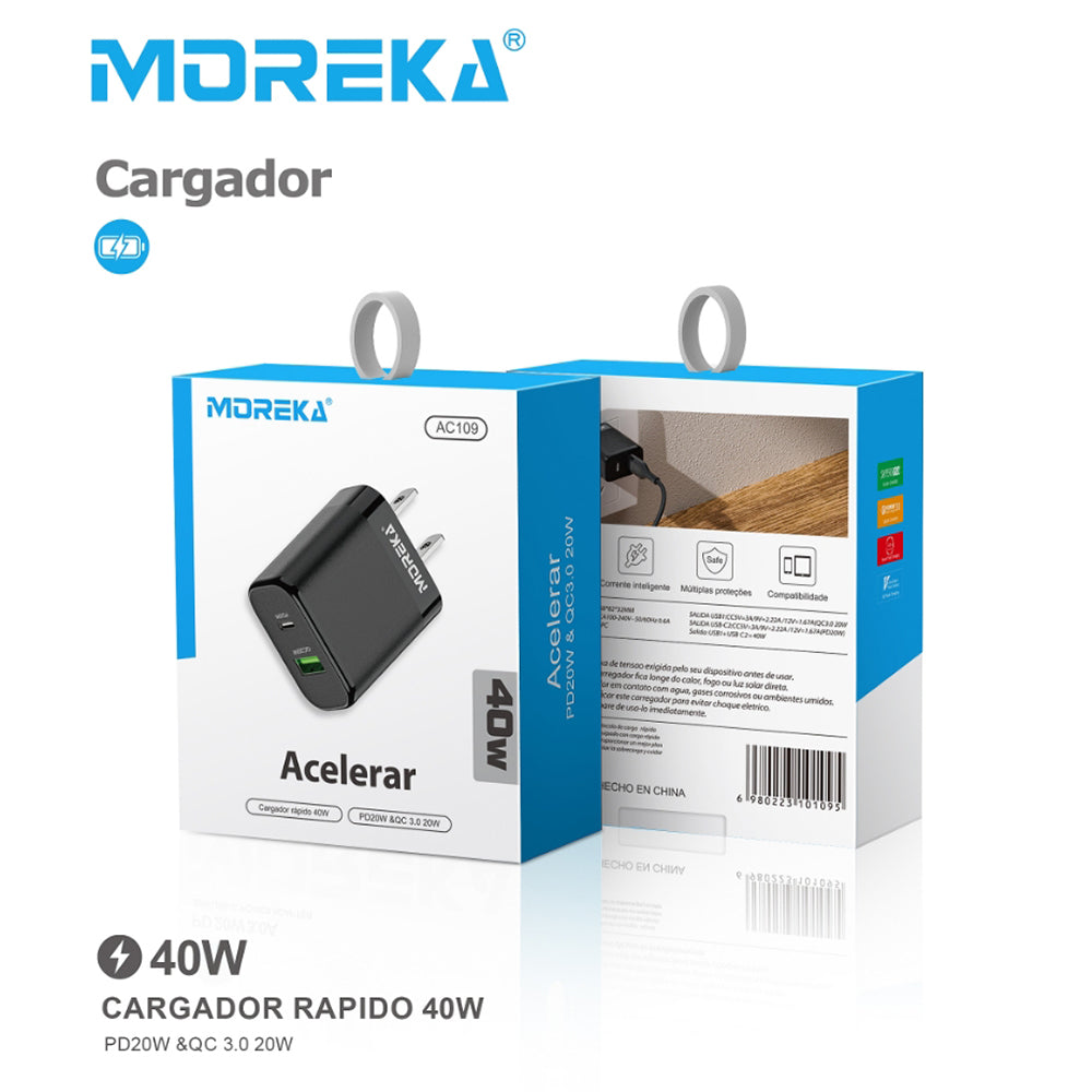 Cargador 40W Moreka AC109 Carga Rapída Cubo 2 puertos PD20W y QC 3.0 20W - Imagen 10
