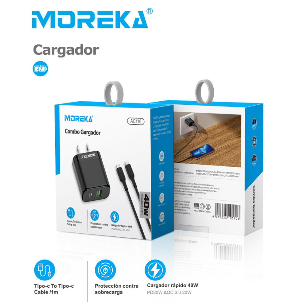 Cargador 40W Moreka AC110 2 puertos PD20W y QC 3.0 20W Cable tipo C - C 1M - Imagen 10