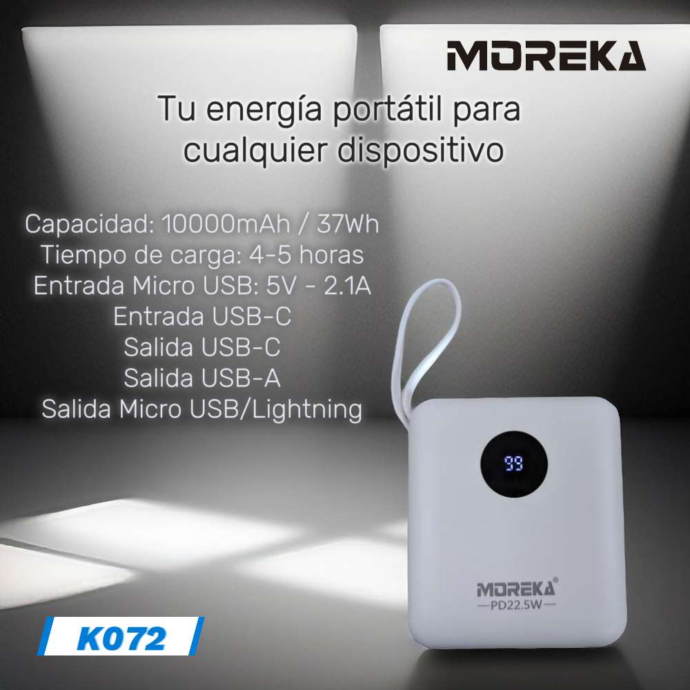 Power Bank Moreka K072 10000 mAh 37W 2 entredas 4 salidas - Imagen 3