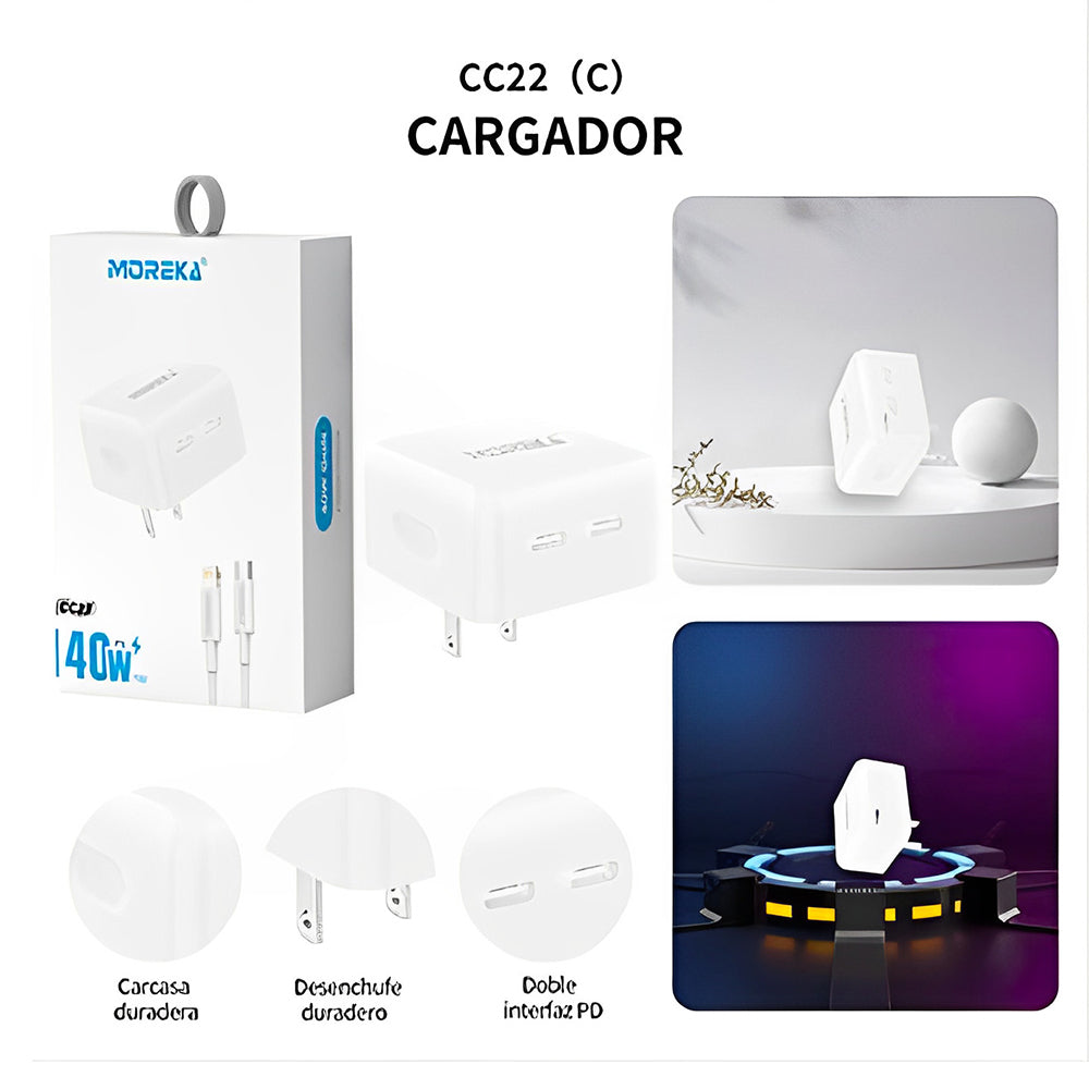 Turbo Cargador 40W Moreka CC22 doble puerto C Cable tipo C 1M - Imagen 11