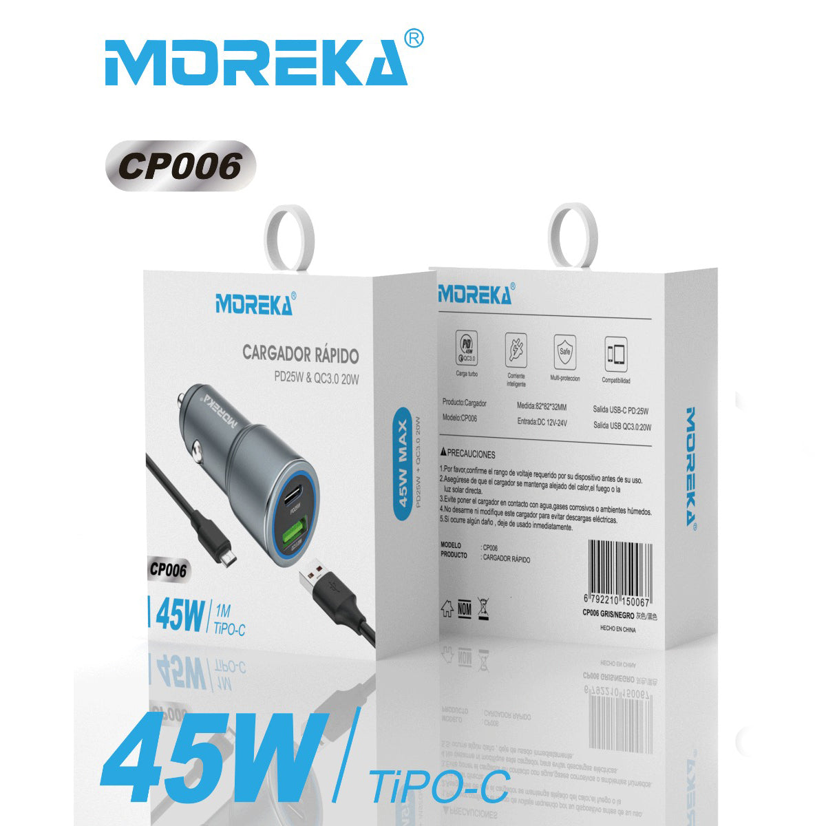 Turbo Cargador De Carro 45W 2 PD25W, QC3.0 20W Cable Plug In Moreka CP0068 - Imagen 7