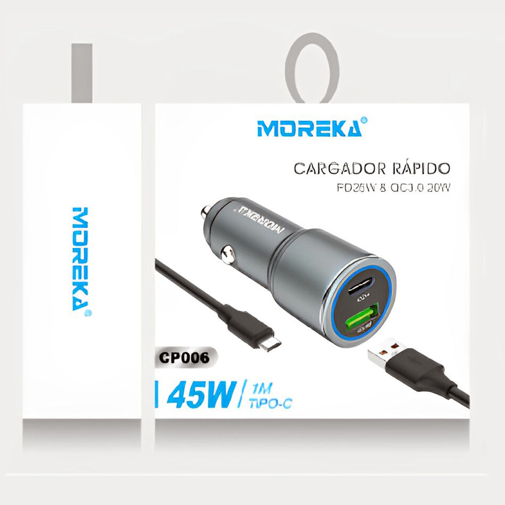 Turbo Cargador De Carro 45W 2 PD25W, QC3.0 20W Cable Plug In Moreka CP0068 - Imagen 8