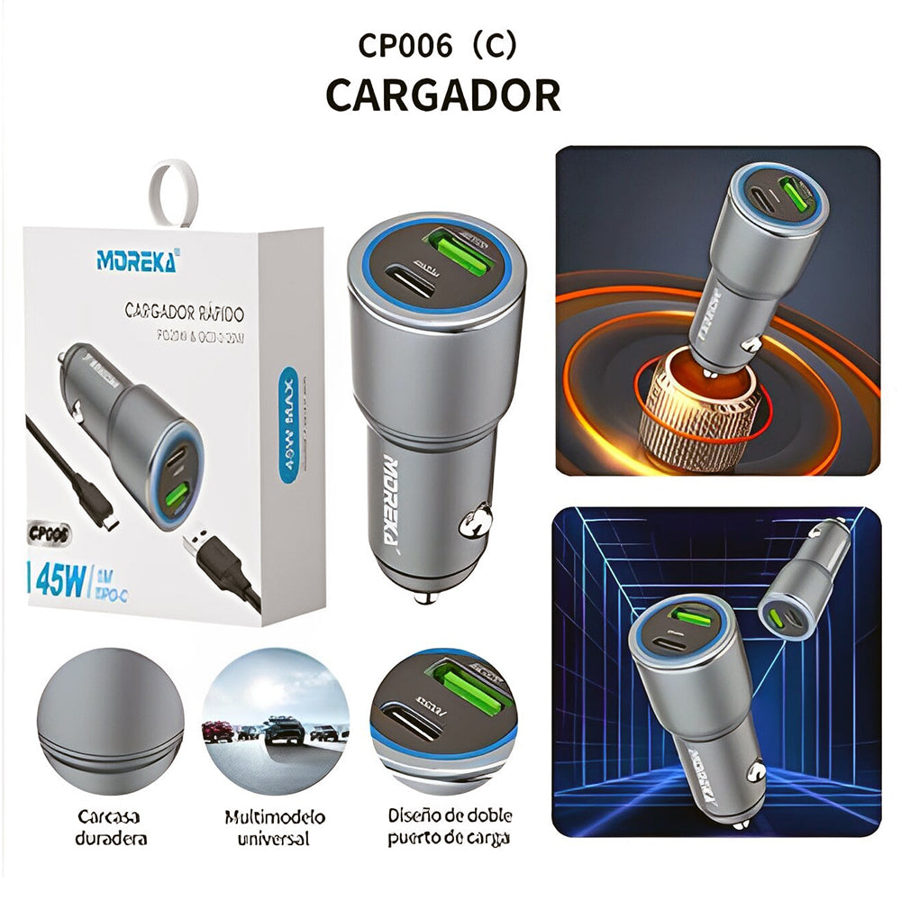 Turbo Cargador De Carro 45W 2 PD25W, QC3.0 20W Cable Plug In Moreka CP0068 - Imagen 10