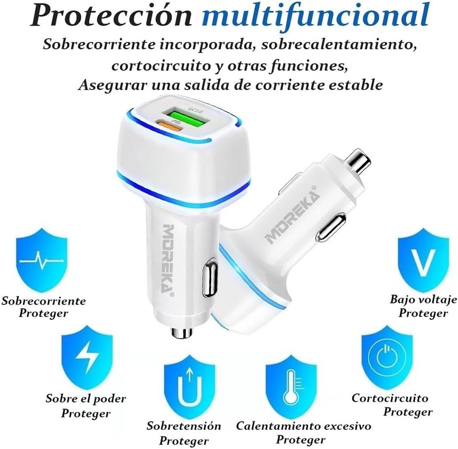 Turbo Cargador De Carro 45W Moreka CP009 Plug In puertos USB y C - Imagen 4