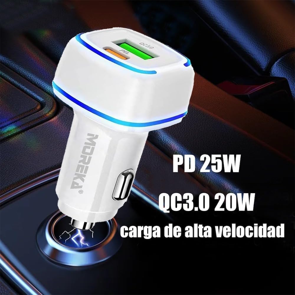 Turbo Cargador De Carro 45W Moreka CP009 Plug In puertos USB y C - Imagen 6