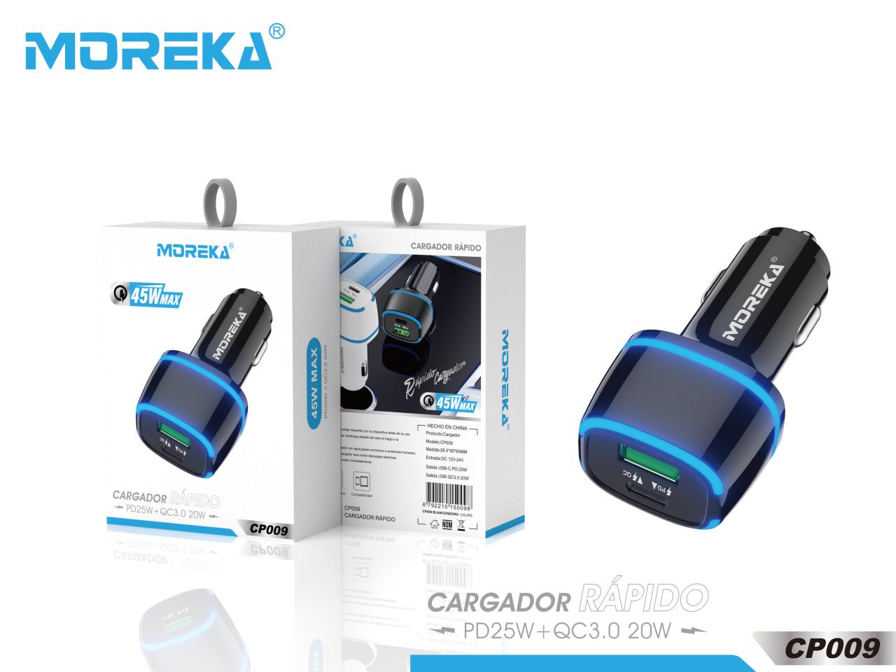 Turbo Cargador De Carro 45W Moreka CP009 Plug In puertos USB y C - Imagen 9