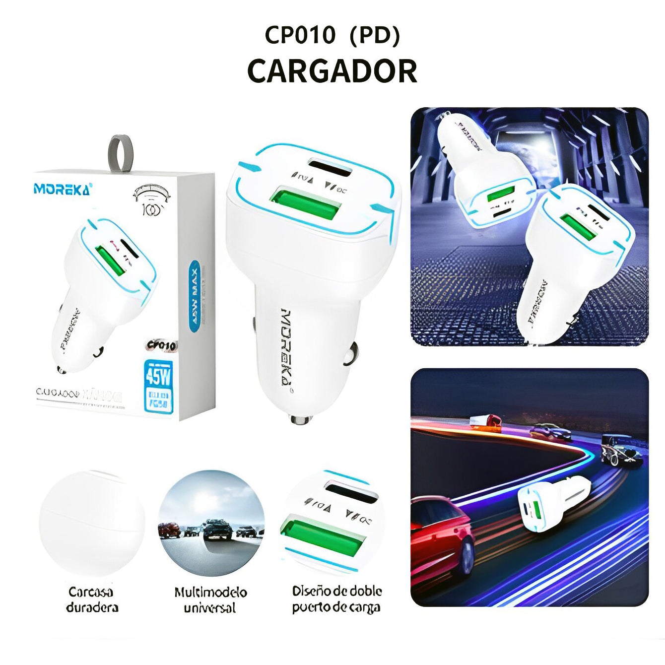 Cargador De Carro Moreka CP010 Plug In 45W puertos USB y C - Imagen 15