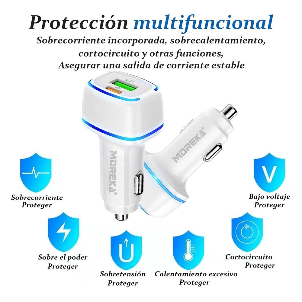 Cargador De Carro Moreka CP010 Plug In 45W puertos USB y C - Imagen 9