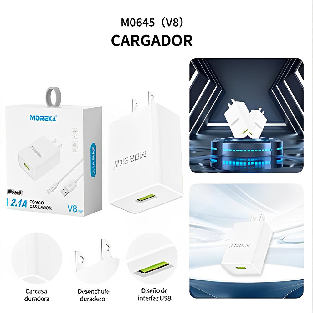Cargador Micro USB V8 Moreka MR2645 2.1A Usb Cable tipo V8 - Imagen 3