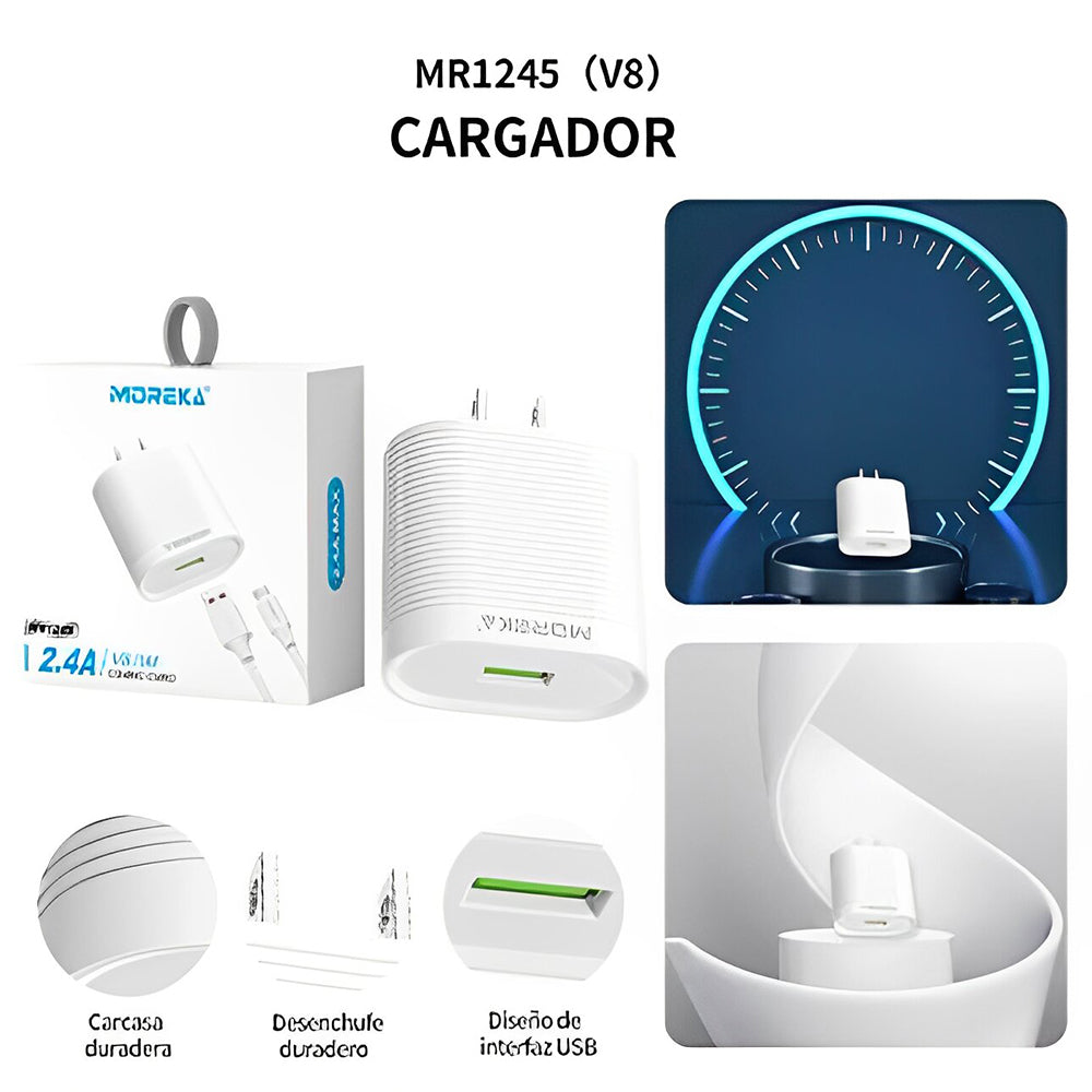 Cargador Moreka MR1245 2.4A Puerto USB incluye Cable Micro USB 1M - Imagen 9