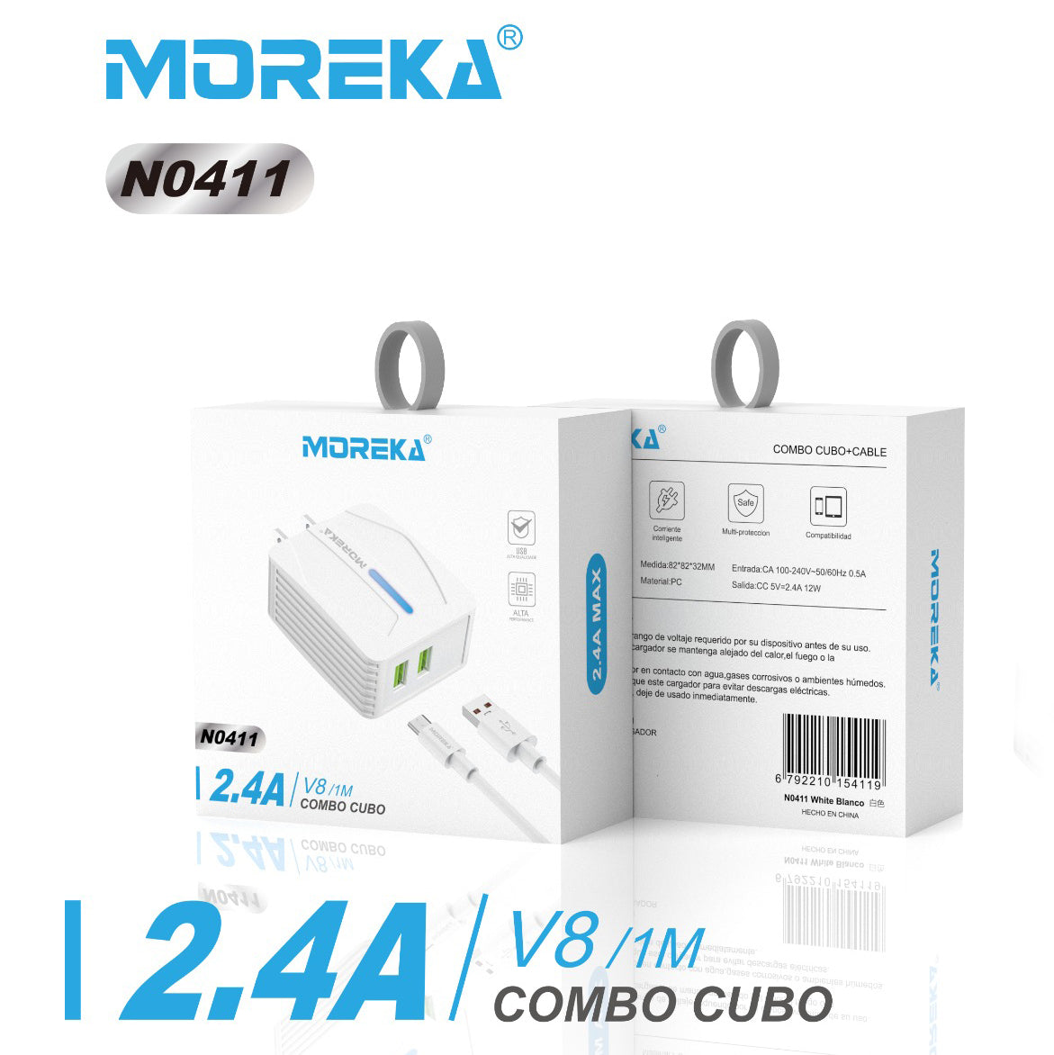 Cargador Moreka N0411 2.4A 2 USB incluye Cable V8 1M - Imagen 9