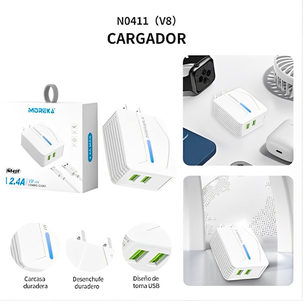 Cargador Moreka N0411 2.4A 2 USB incluye Cable V8 1M - Imagen 10