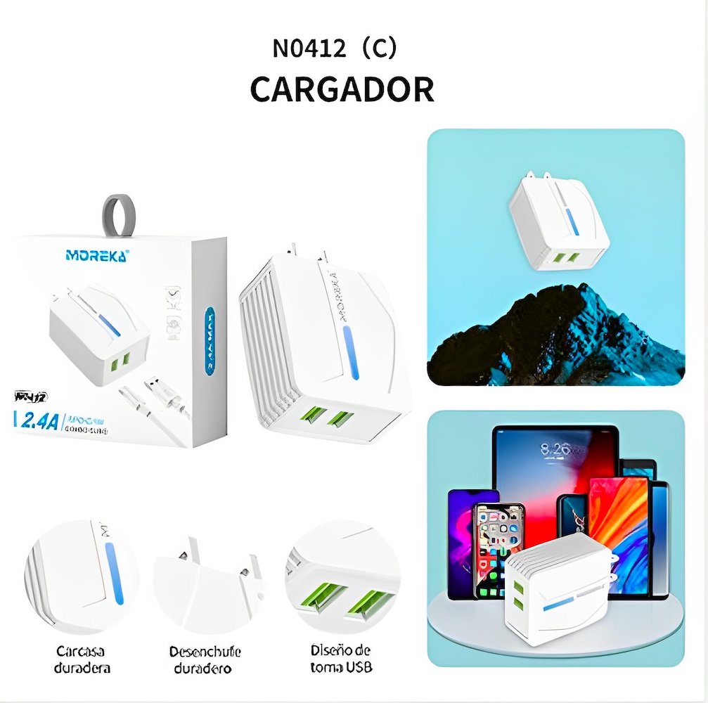 Cargador Moreka N0412 2.4A 2 USB Incluye Cable tipo C 1M - Imagen 5
