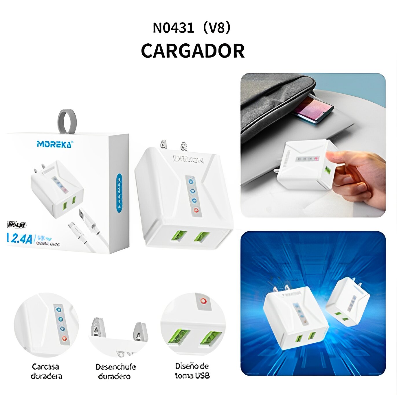 Cargador Moreka N0431 2.4A 2 USB incluye Cable Micro USB 1M - Imagen 5