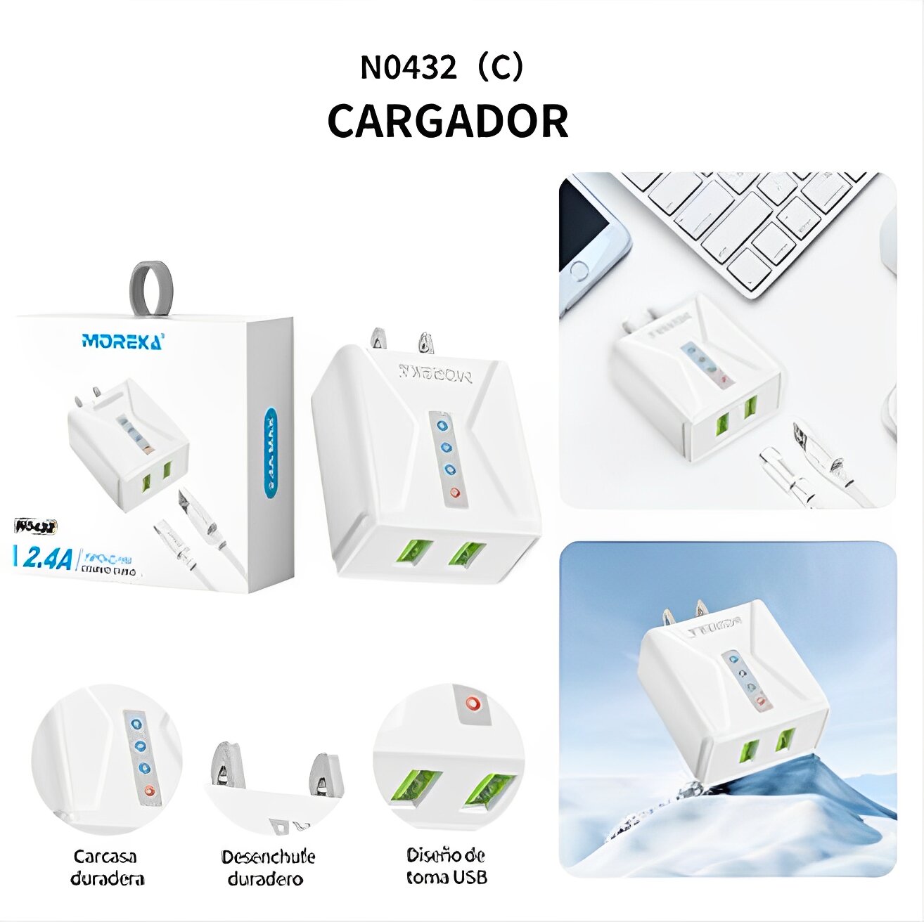 Cargador Moreka N0432 2.4A 2 USB Incluye Cable C 1M - Imagen 5