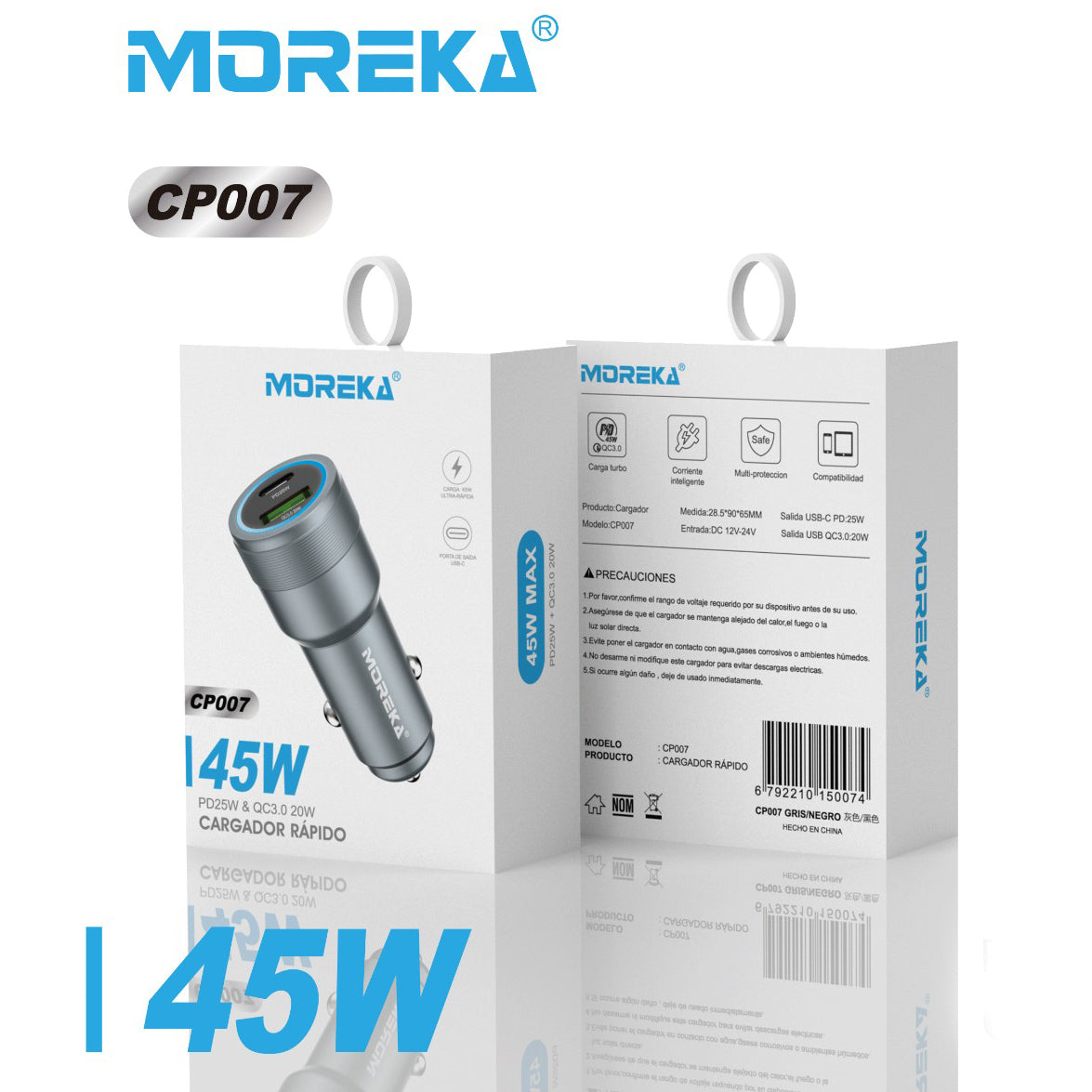 Cargador De Carro Moreka CP007 Plug In 45W puertos USB y C - Imagen 7