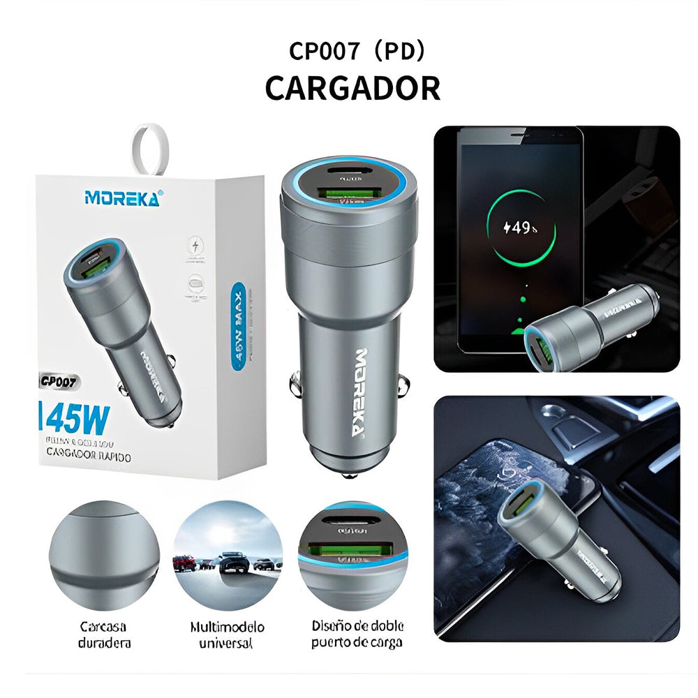 Cargador De Carro Moreka CP007 Plug In 45W puertos USB y C - Imagen 8