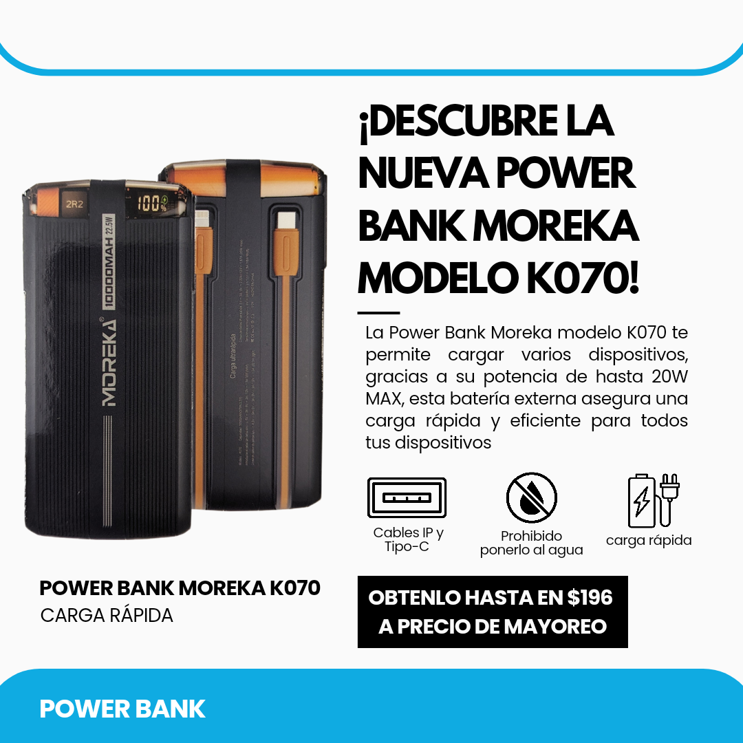 Power Bank Moreka K070 10000 mAh 22.5W Tipo C IP V8 - Imagen 9