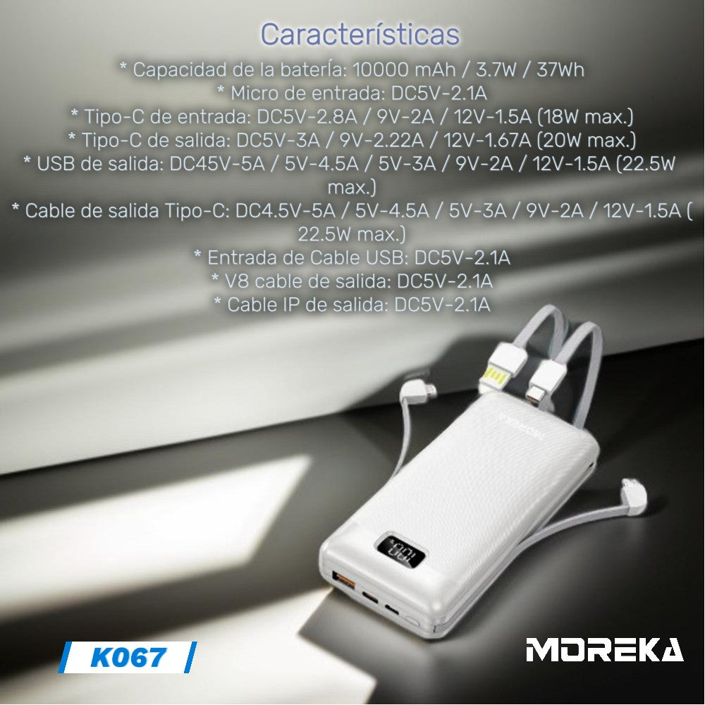 Powerbank Moreka K067 10000 mAh 3.7W Tipo C V8 IP - Imagen 3