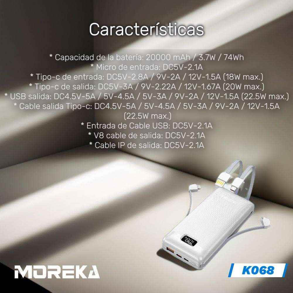 Powerbank Moreka K068 20000 mAh 22.5W Tipo C IP V8 - Imagen 4
