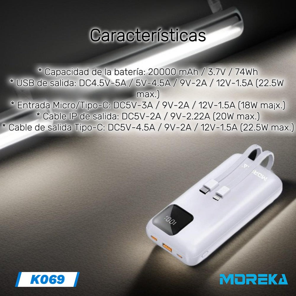 Powerbank Moreka K069 20000 mAh 22.5W Tipo C IP - Imagen 4